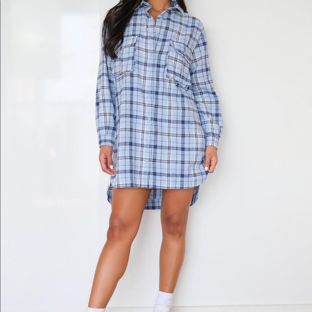 Blue Plaid Oversized Shirt Dress